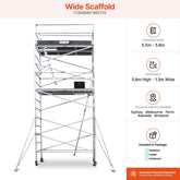 5.5m - 5.8m Wide Aluminium Mobile Scaffold Base Tower with 4 Outriggers & Kickboards